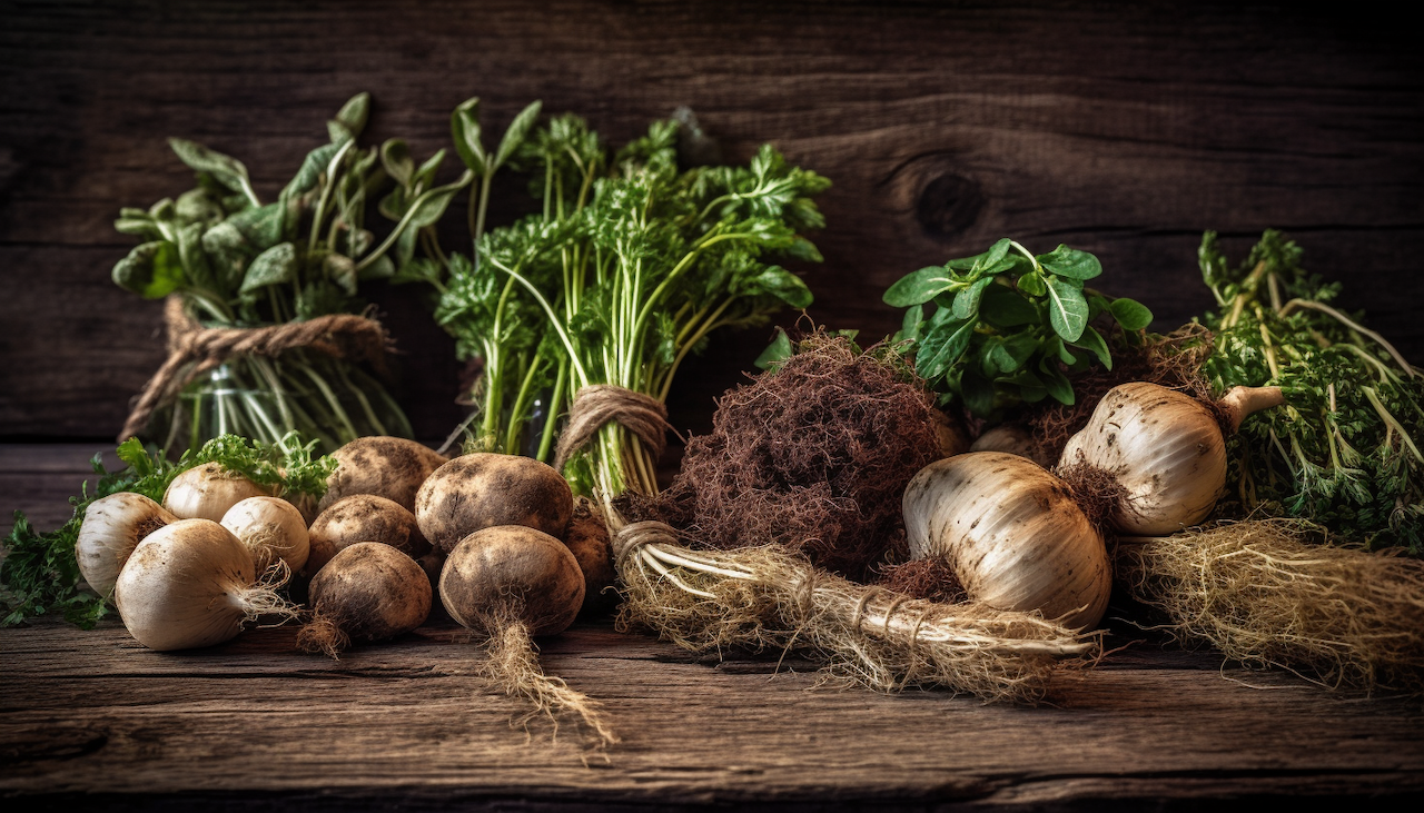 image of various root herbs on a wooden board is the background of this pages hero and sets the tone for the website