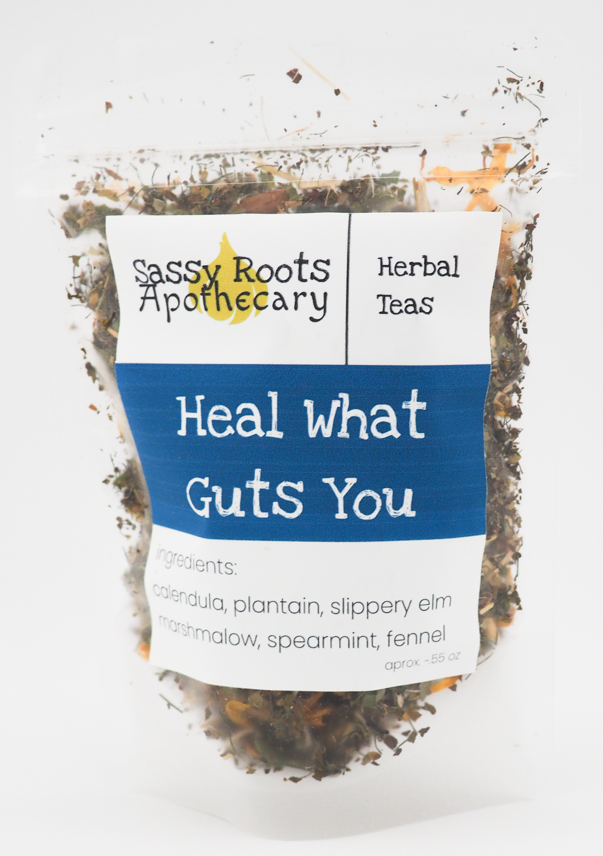 photo of a cup of gut heal tea with product packaging in the background.