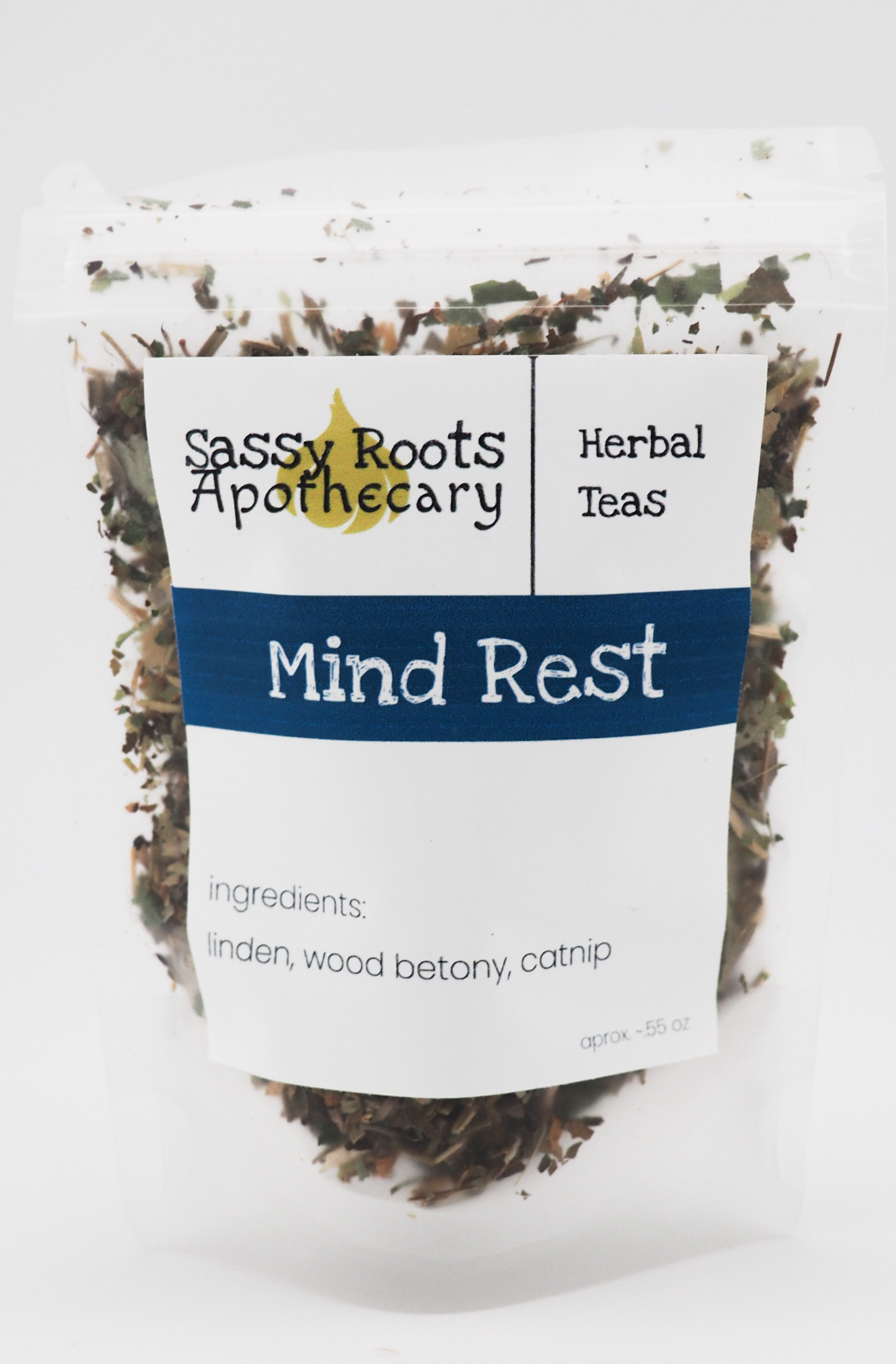 photo of a cup of mind rest tea with product packaging in the background.